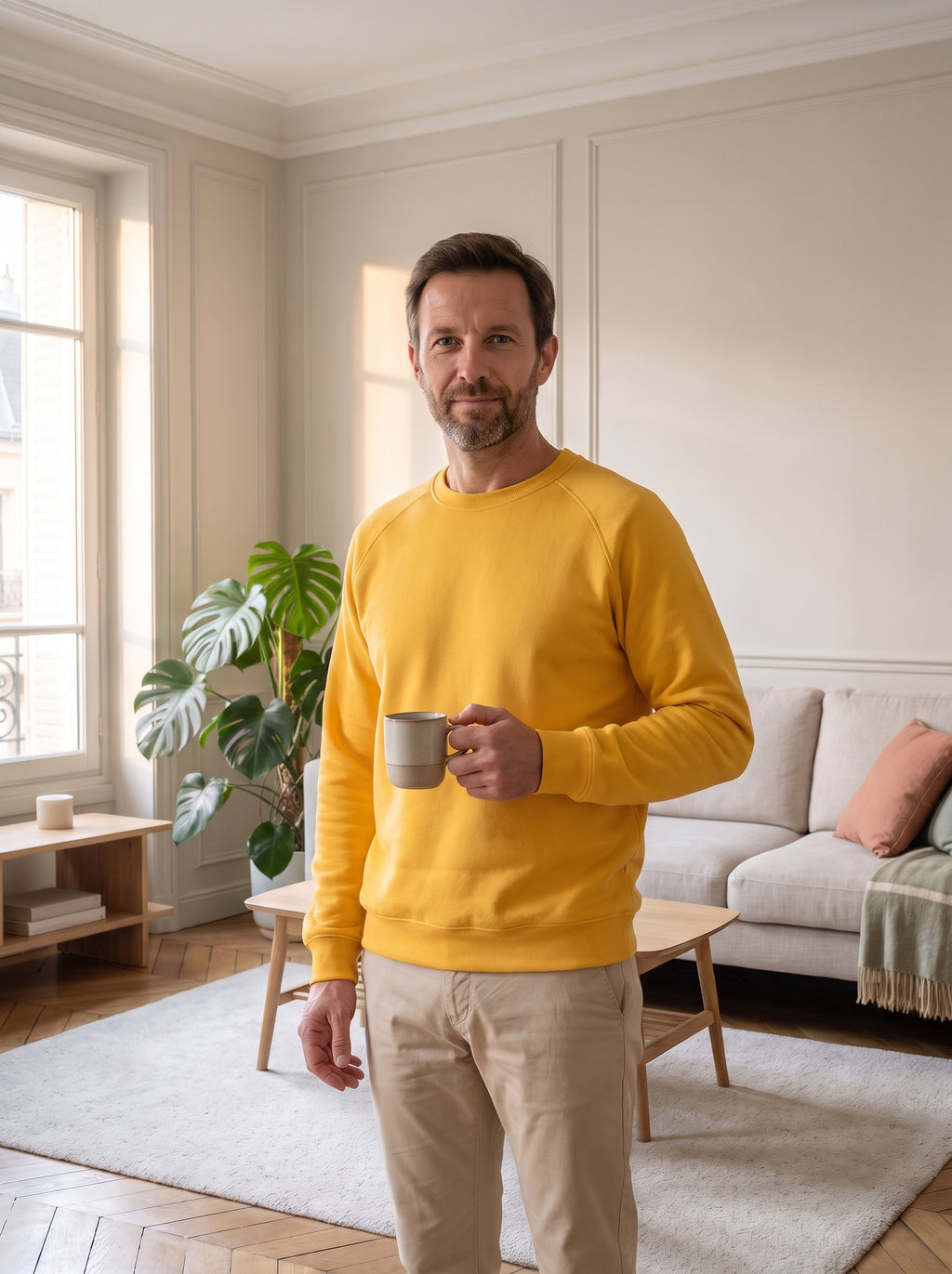 Homme portant le sweat classique jaune avec une tasse à la main