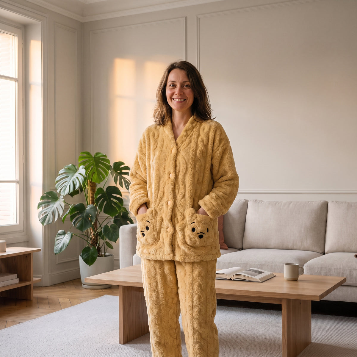 Femme en pyjama en peluche ourson jaune, debout dans un salon, les mains dans les poches