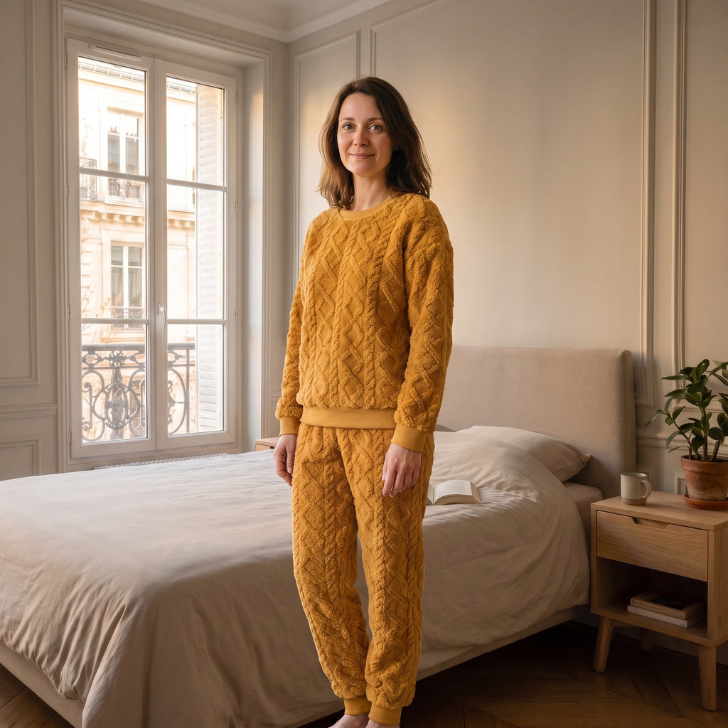 Femme portant l'ensemble pyjama jaune en coton effet tricot, debout dans sa chambre