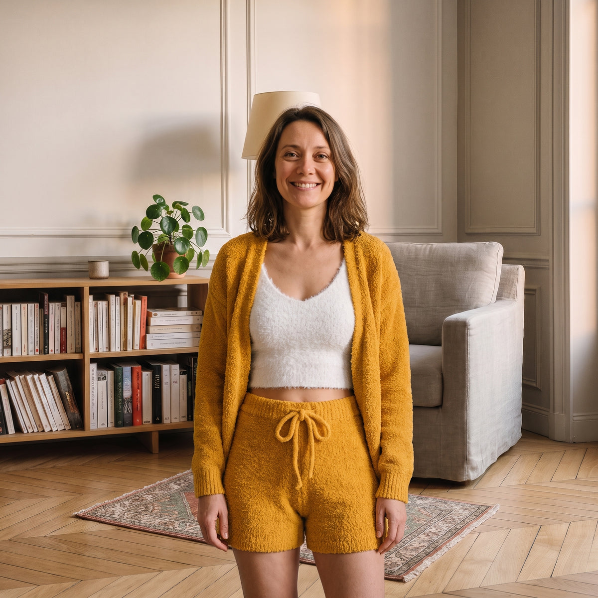 Ensemble trois pièces en maille bouclée jaune