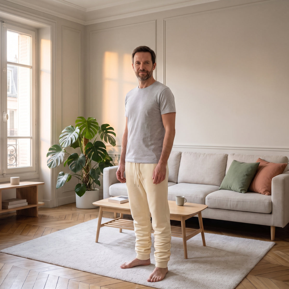 Pantalon de jogging beige porté dans un salon, avec tissu froncé aux mollets