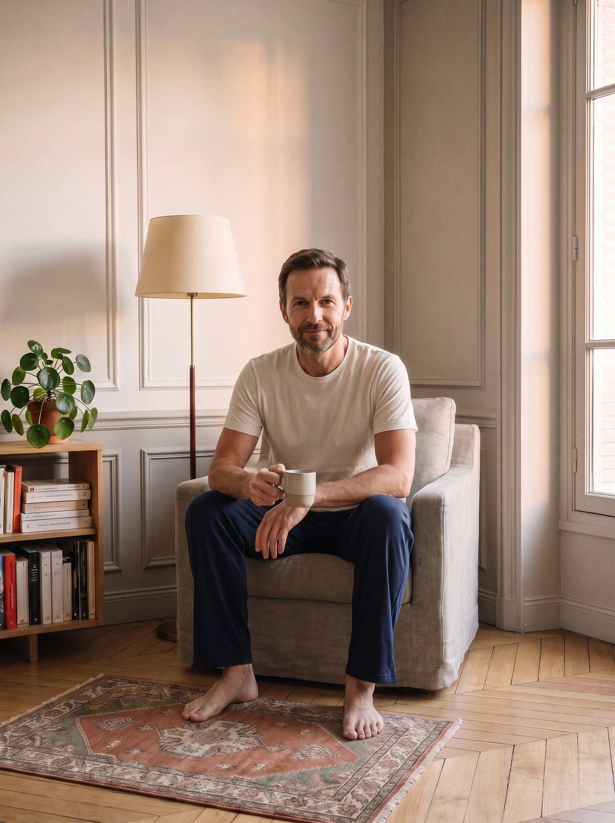 Homme assis dans le fauteuil de lecture, une tasse a la main, portant le bas de pyjama bleu marine.