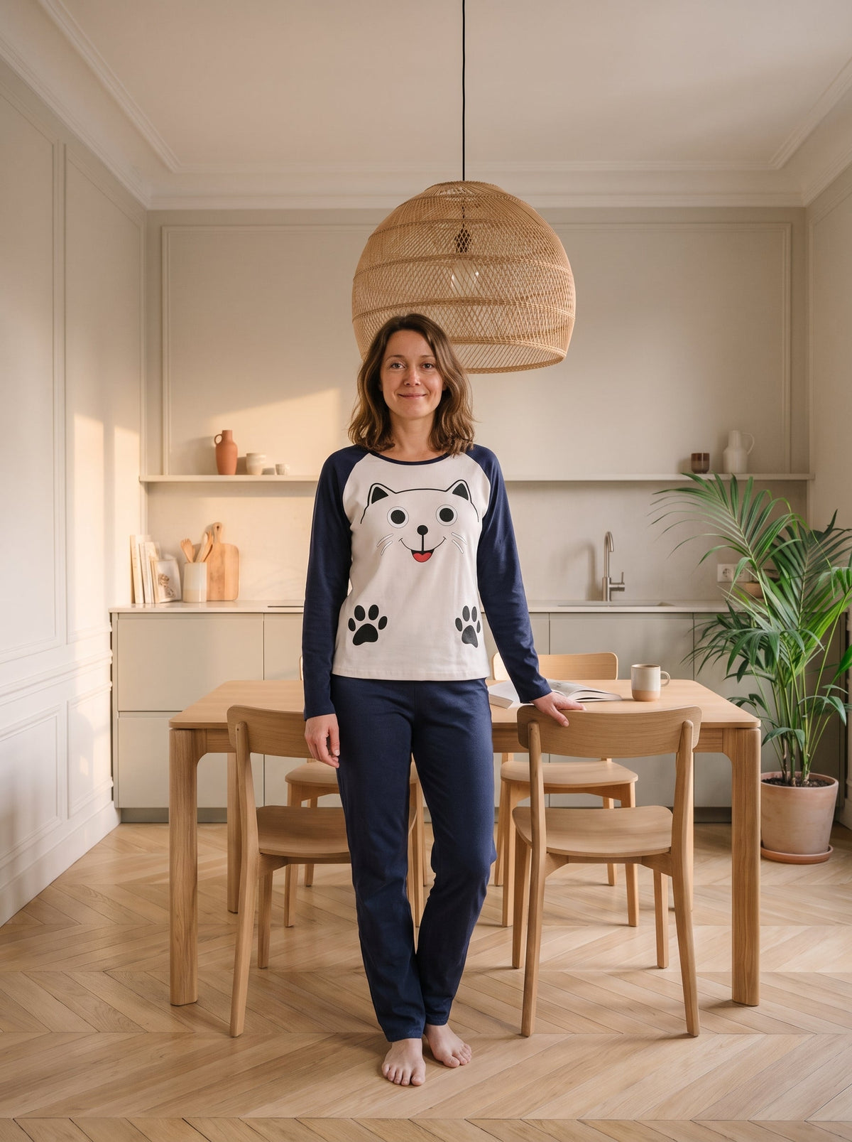 Ensemble pyjama ecru et marine porte debout au coin repas : museau de chat sur le devant, manches et pantalon bleu marine.