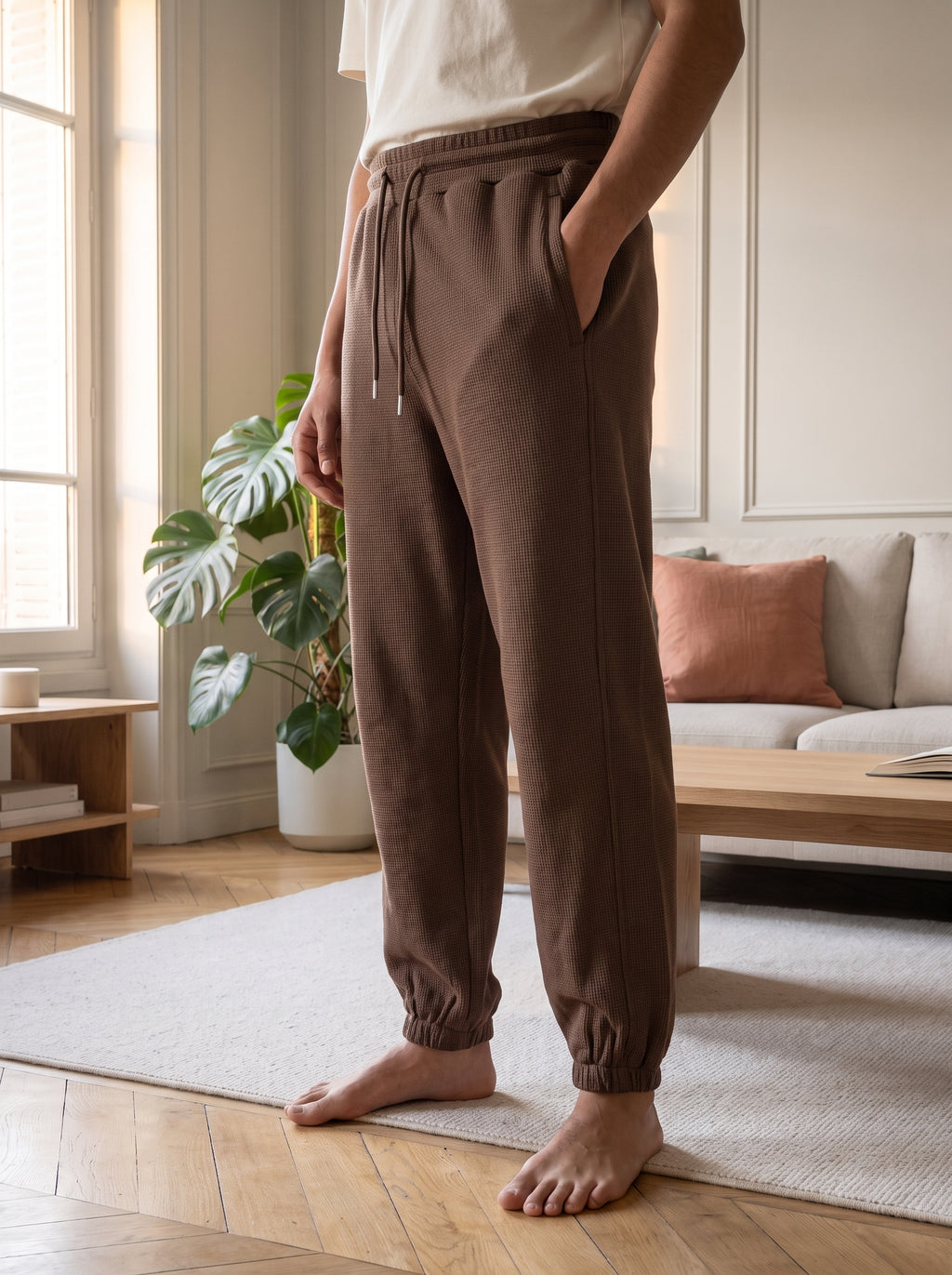 Pantalon de jogging gaufre marron porte, debout dans un salon, pieds nus sur le tapis