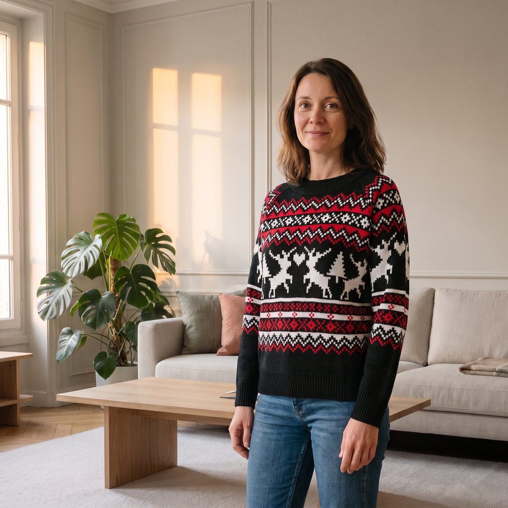 Pull de Noël femme noir à rennes porté dans un salon, correction fidèle passe 3