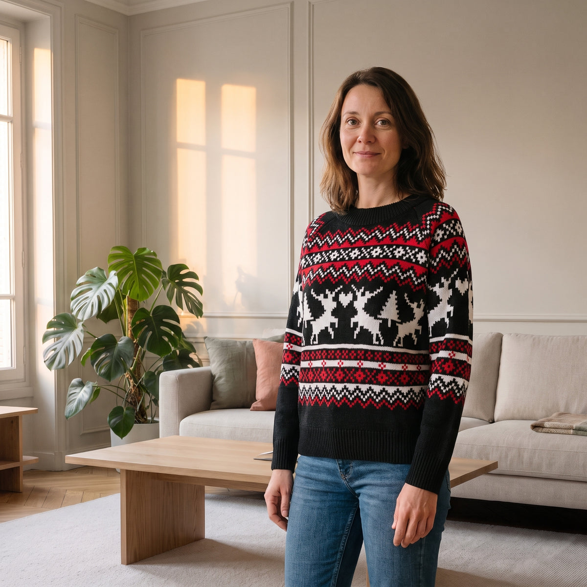 Pull de Noël femme noir à rennes porté dans un salon, correction fidèle passe 3