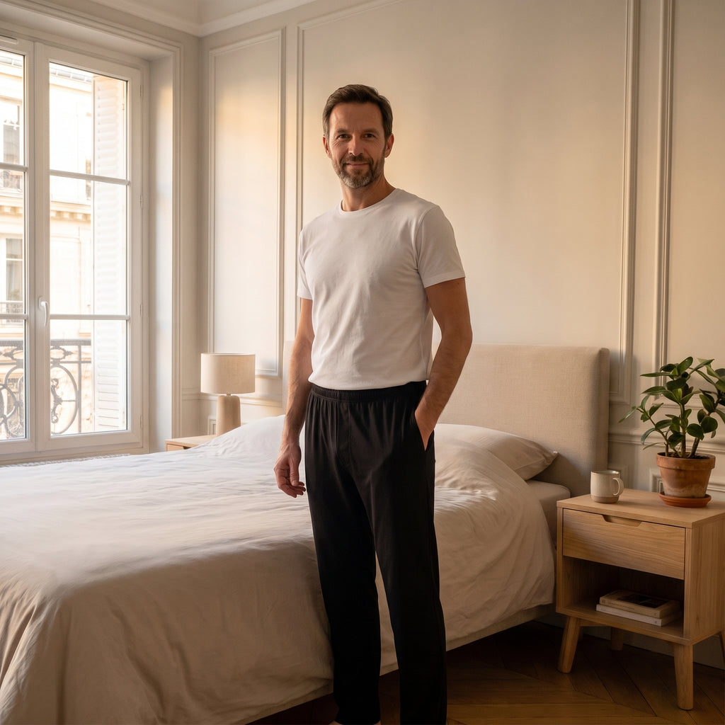 Homme portant le pantalon de pyjama noir en modal, debout dans sa chambre
