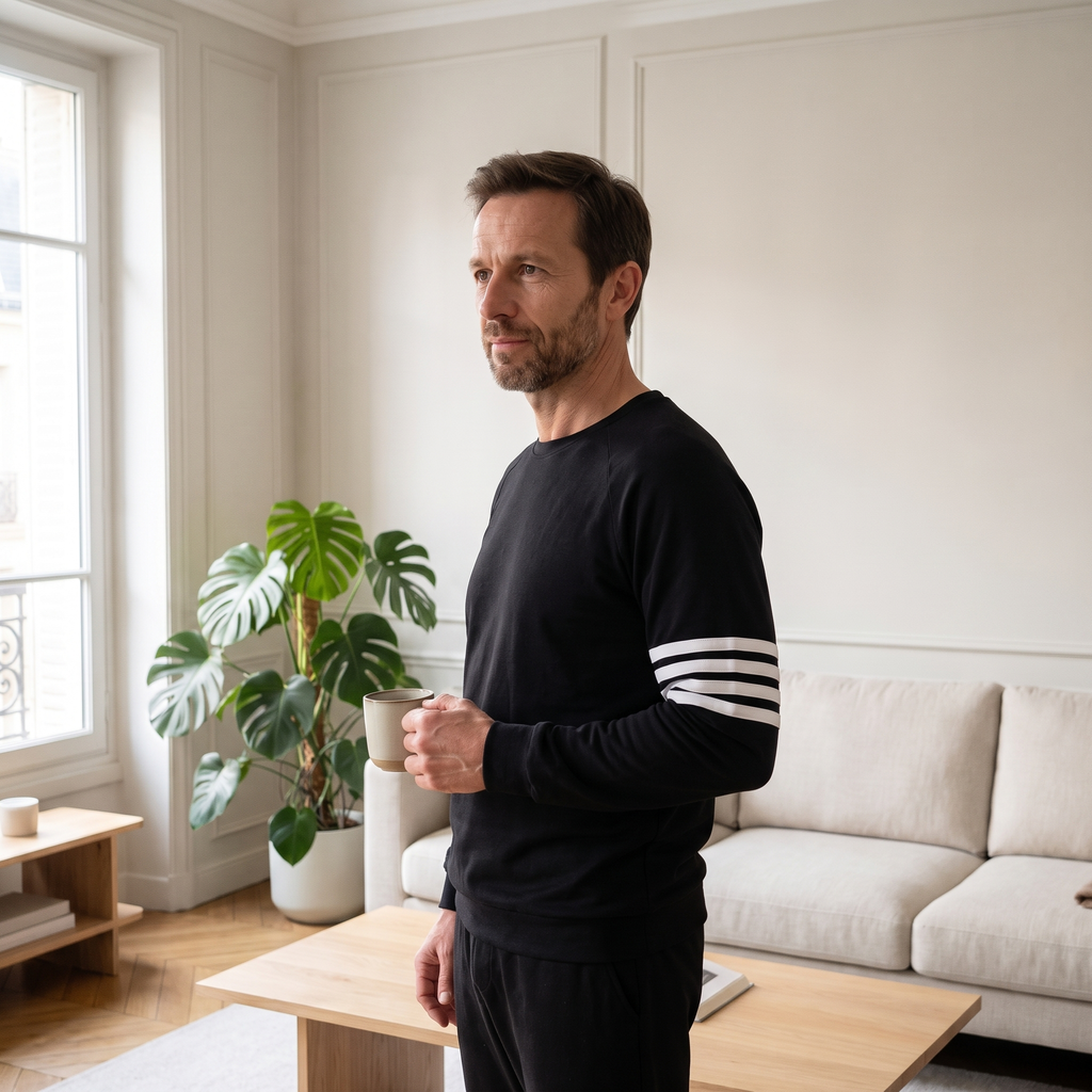 Homme du casting portant le pyjama homme noir en coton dans le salon