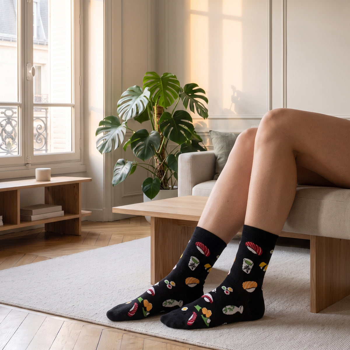 Chaussettes sushi coloris noir, portees dans le salon