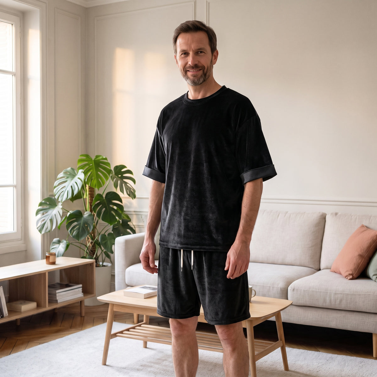 Homme du casting portant l'ensemble en velours noir, t-shirt et short, dans le salon.