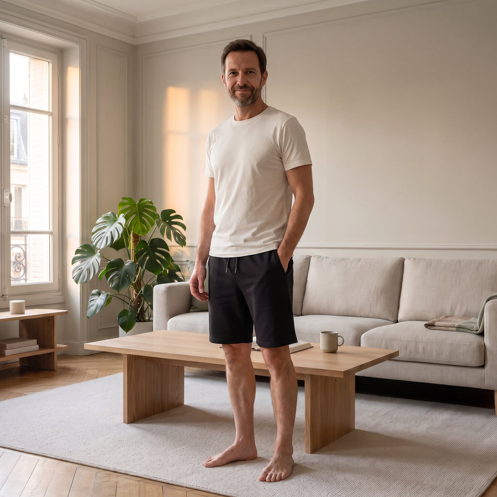 Homme en short bermuda noir dans un salon lumineux