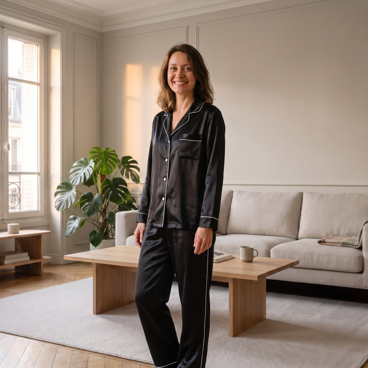 Femme du casting portant le pyjama deux pièces en satin noir dans son salon