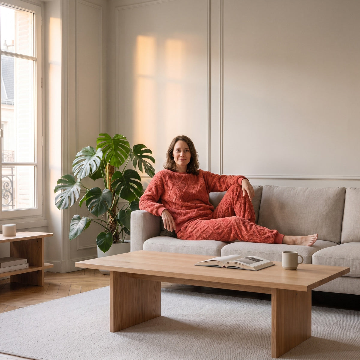 Femme assise sur le canapé du salon dans son ensemble pyjama pastèque en coton effet tricot