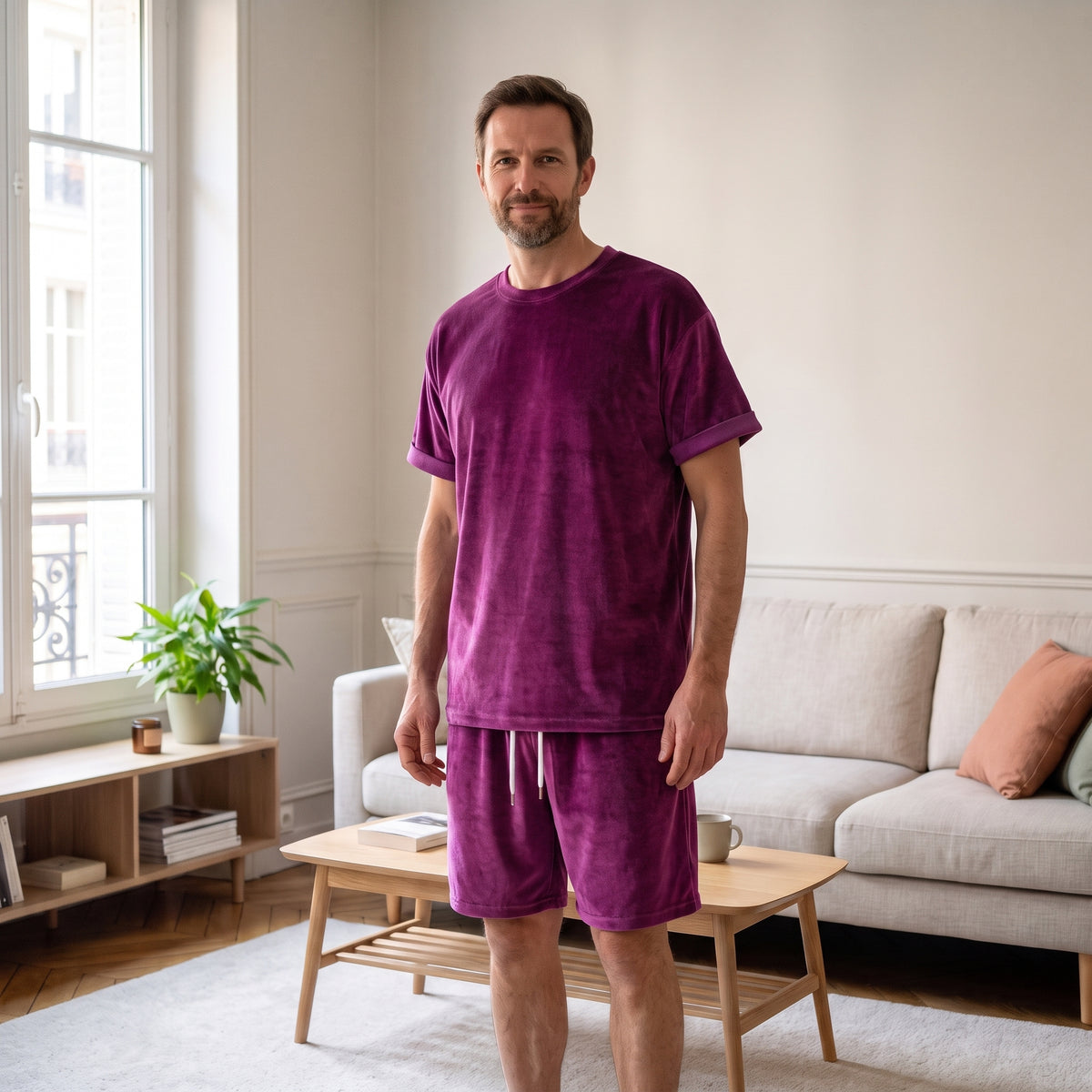 Homme du casting portant l'ensemble en velours prune, t-shirt et short, dans le salon.