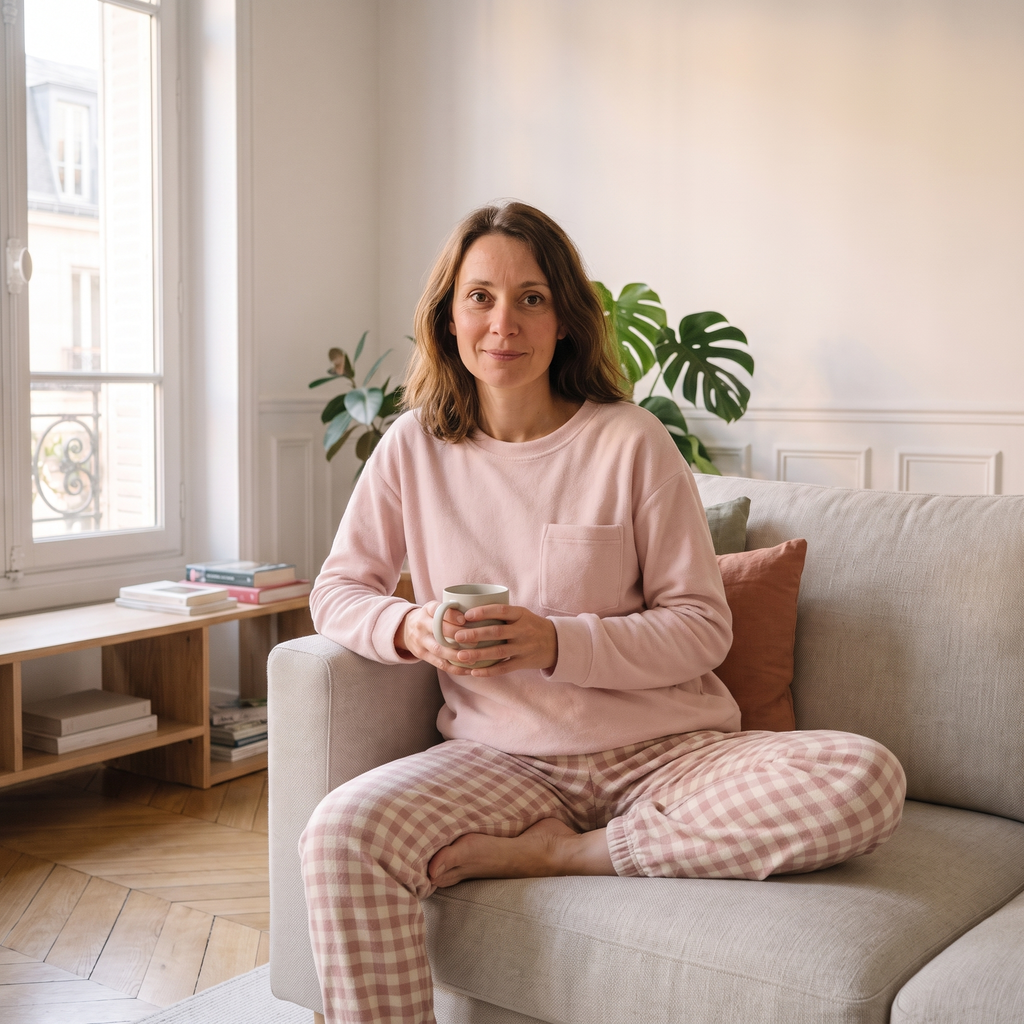 Femme assise sur un canapé clair, vêtue du pyjama en flanelle rose à pantalon à carreaux.