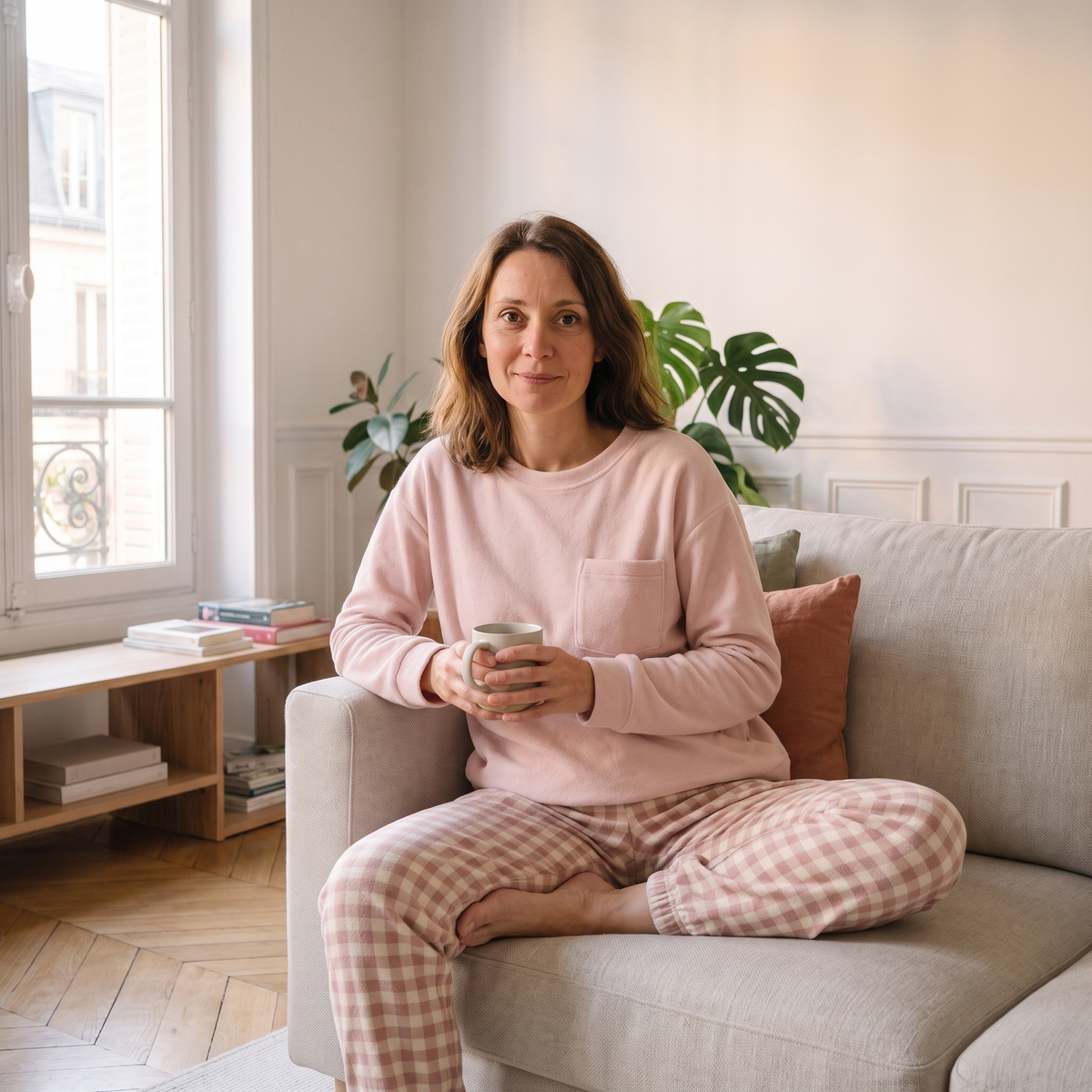 Femme assise sur un canapé clair, vêtue du pyjama en flanelle rose à pantalon à carreaux.