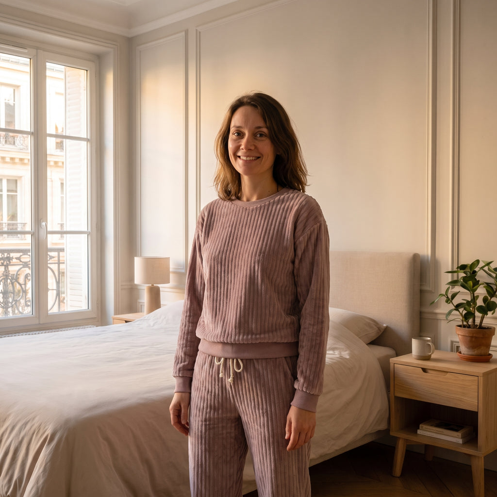 Femme debout dans une chambre, en ensemble de pyjama en peluche côtelée rose poudré, haut et pantalon.
