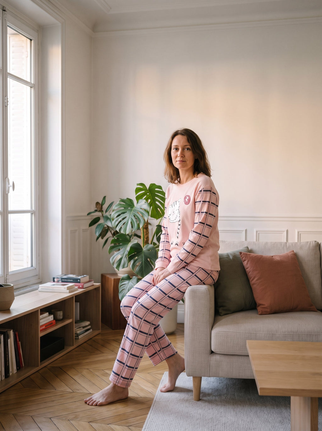 Ensemble pyjama rose porte assise sur un canape : chat endormi sur le devant du haut, manches et pantalon a carreaux.