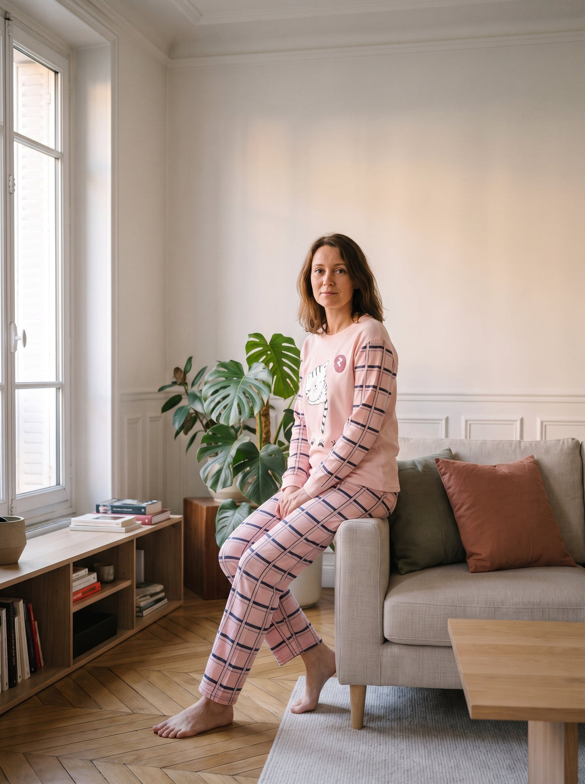 Ensemble pyjama rose porte assise sur un canape : chat endormi sur le devant du haut, manches et pantalon a carreaux.