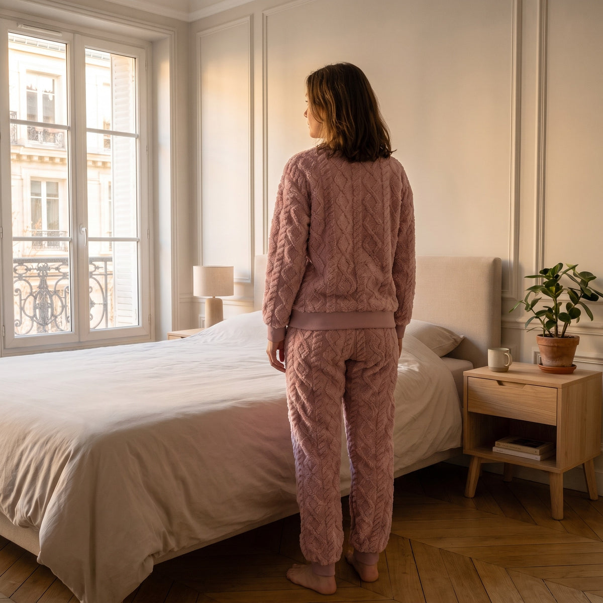 Ensemble pyjama rose en coton effet tricot vu de dos, porté par une femme dans sa chambre