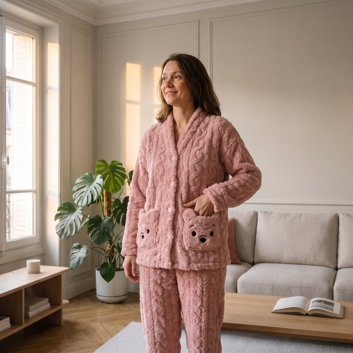 Femme en pyjama en peluche ourson rose, debout dans un salon, une main posée sur la poche ourson