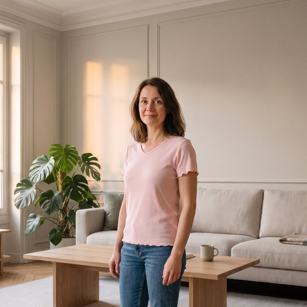 Femme portant le t-shirt côtelé col V rose poudré dans un salon
