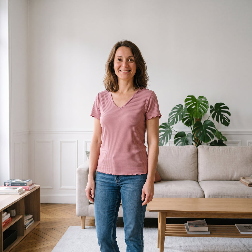 Femme portant le t-shirt côtelé col V vieux rose dans un salon
