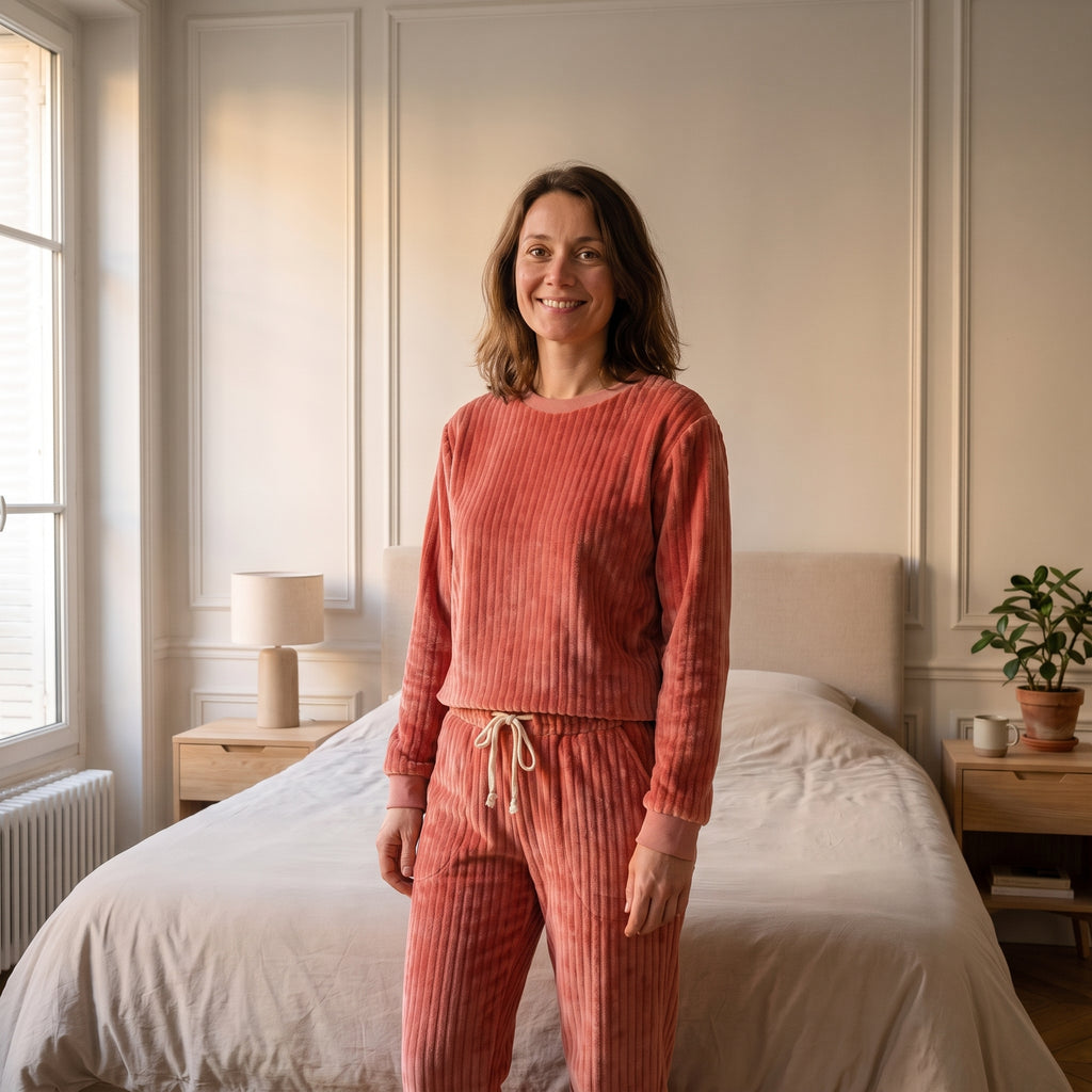 Femme debout dans une chambre, en ensemble de pyjama en peluche côtelée rouge brique, haut et pantalon.