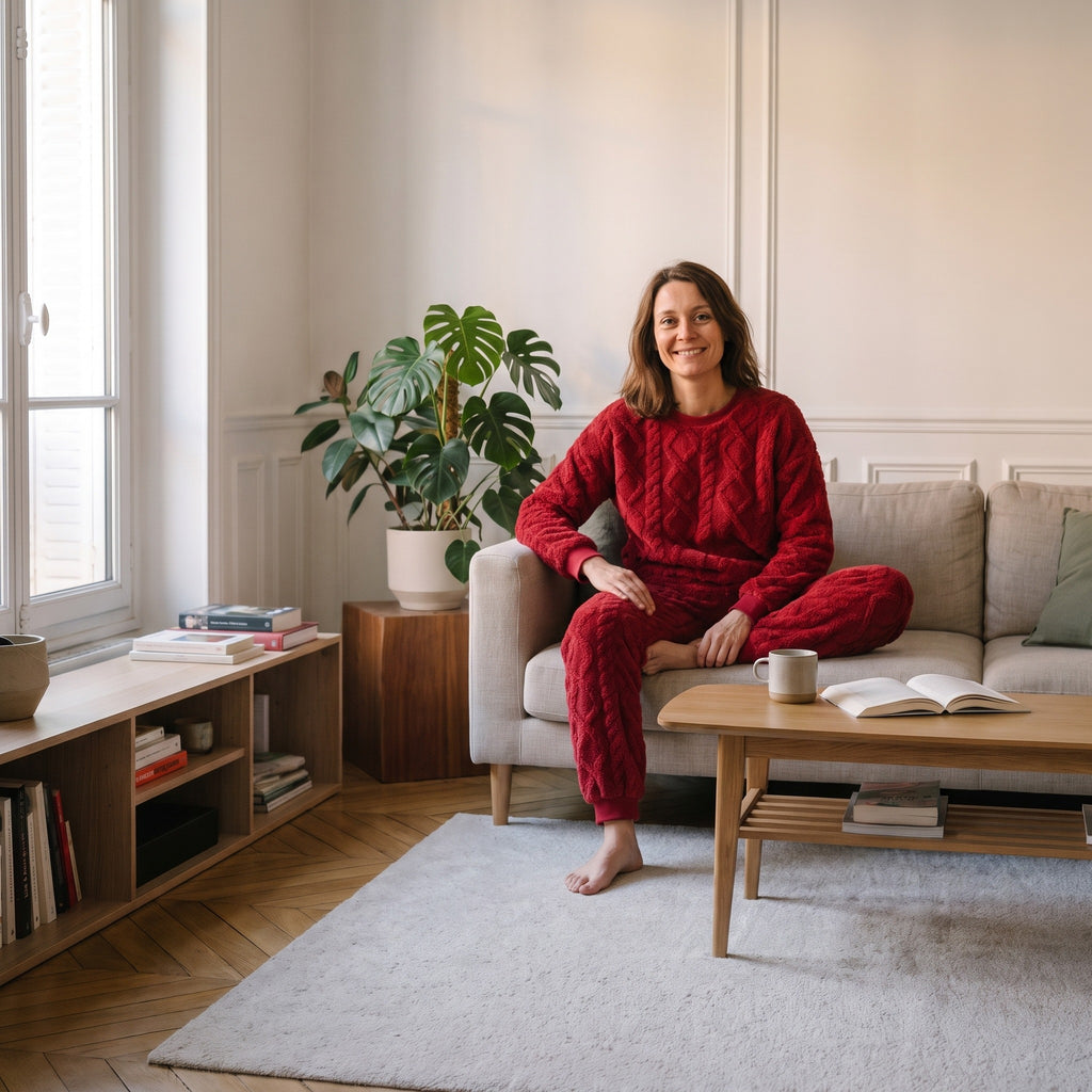 Femme assise sur le canapé du salon dans son ensemble pyjama rouge en coton effet tricot