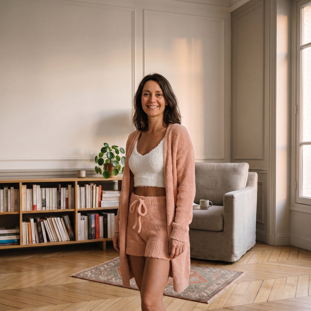 Ensemble trois pièces en maille bouclée saumon