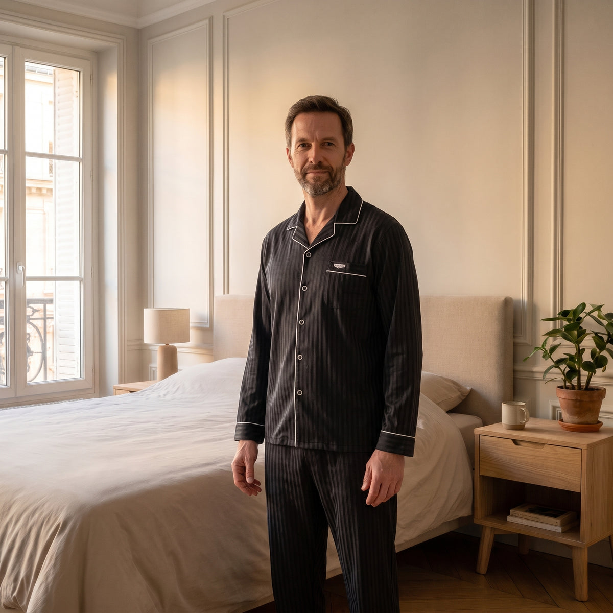 Pyjama homme rayé gris anthracite porté par le mannequin homme Moment Cocooning