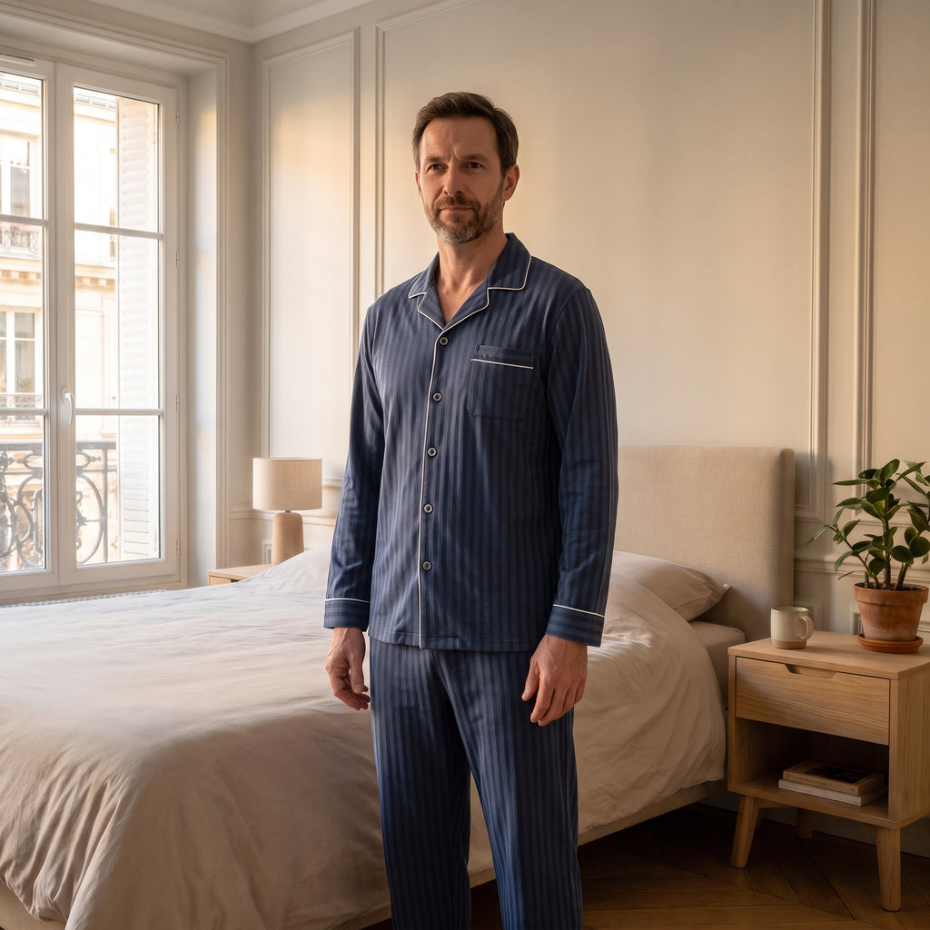 Pyjama homme rayé bleu porté par le mannequin homme Moment Cocooning