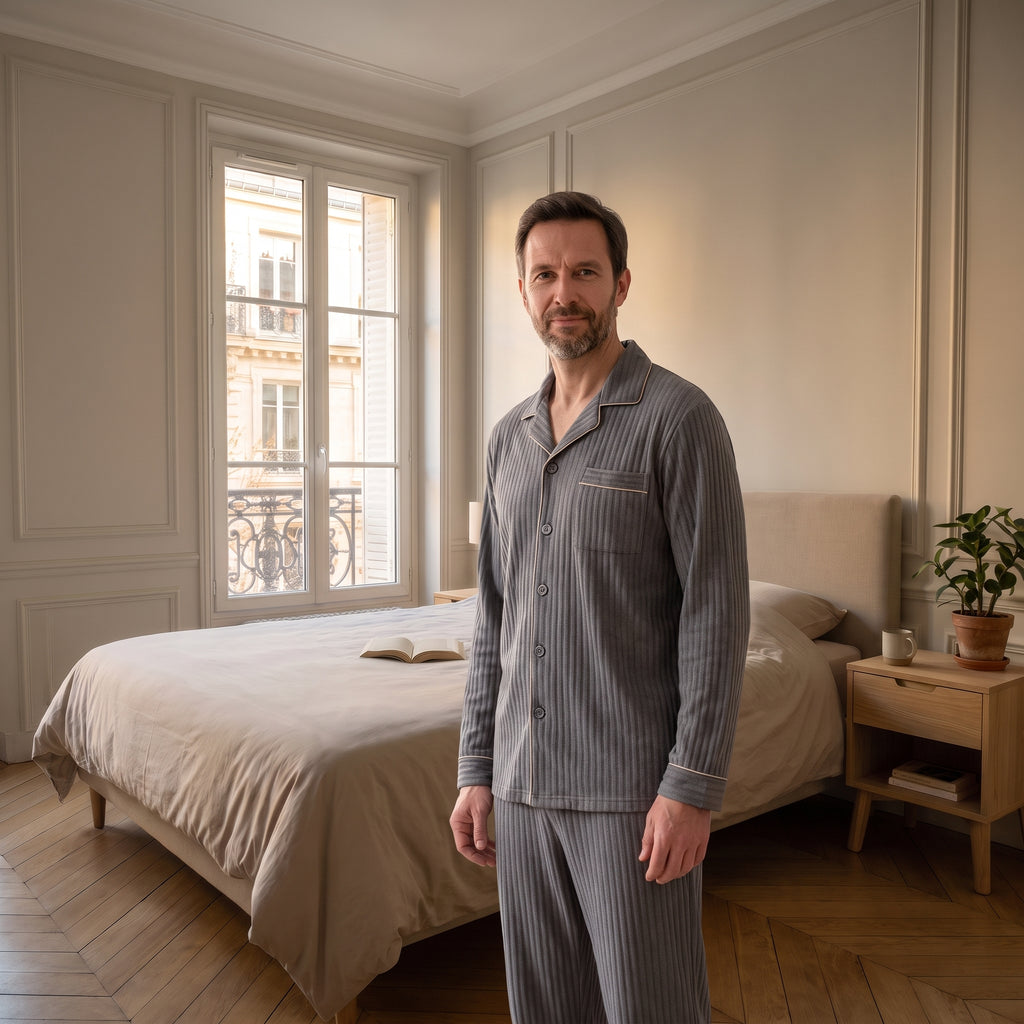 Pyjama homme rayé gris anthracite porté par le mannequin homme Moment Cocooning