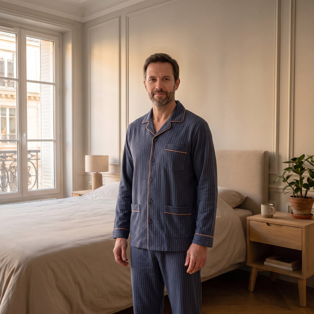Pyjama homme rayé bleu clair porté par le mannequin homme Moment Cocooning