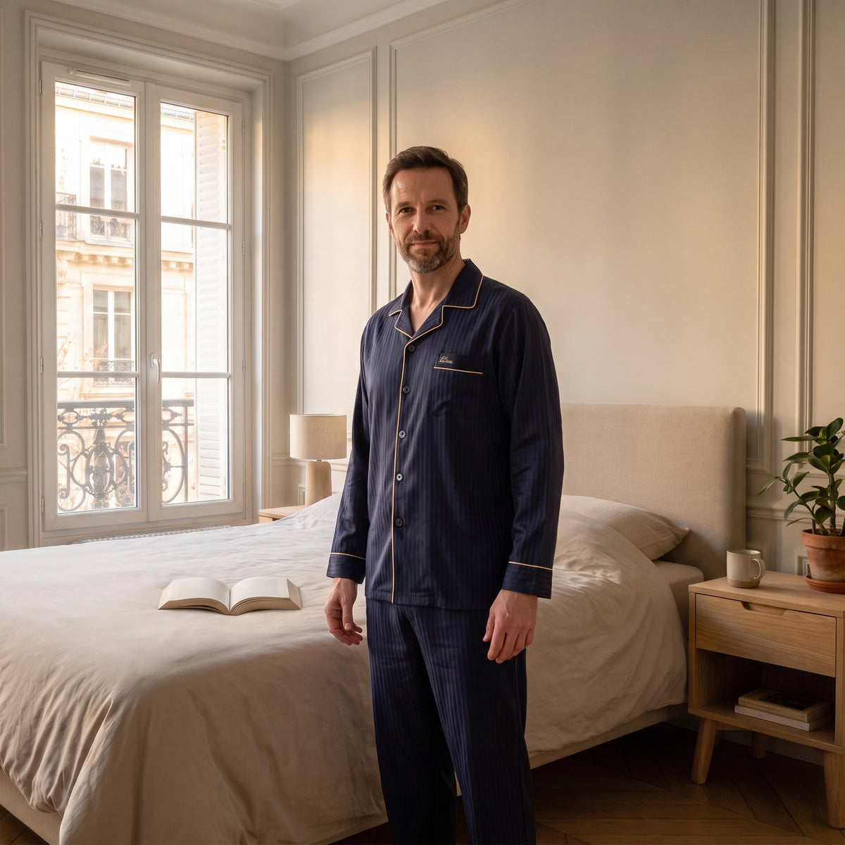 Pyjama homme rayé gris porté par le mannequin homme Moment Cocooning