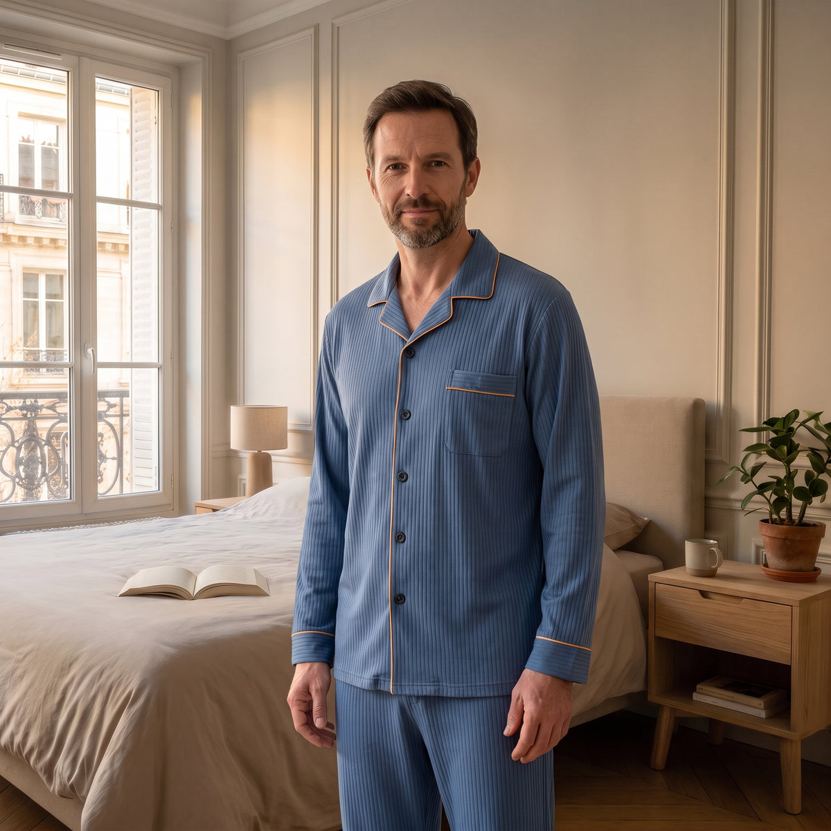 Pyjama homme rayé bleu ciel porté par le mannequin homme Moment Cocooning