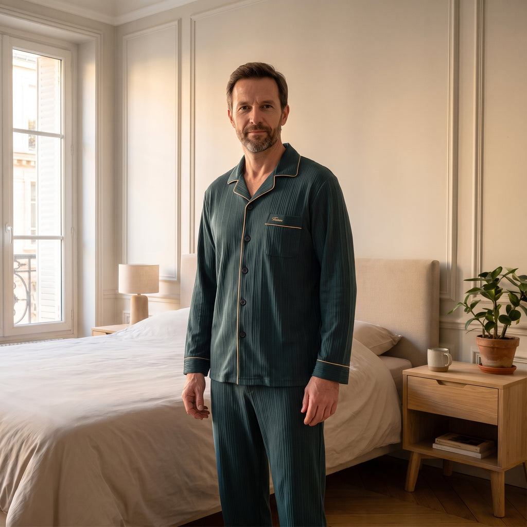 Pyjama homme rayé bleu pétrole porté par le mannequin homme Moment Cocooning