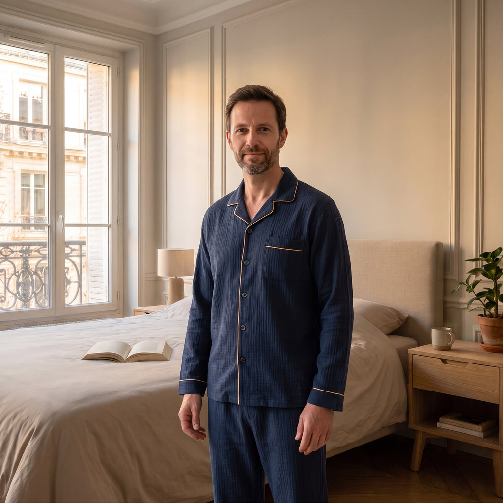Pyjama homme rayé bleu marine porté par le mannequin homme Moment Cocooning