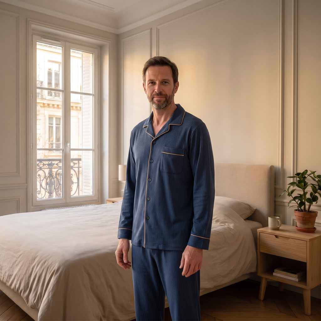 Pyjama homme rayé bleu denim porté par le mannequin homme Moment Cocooning