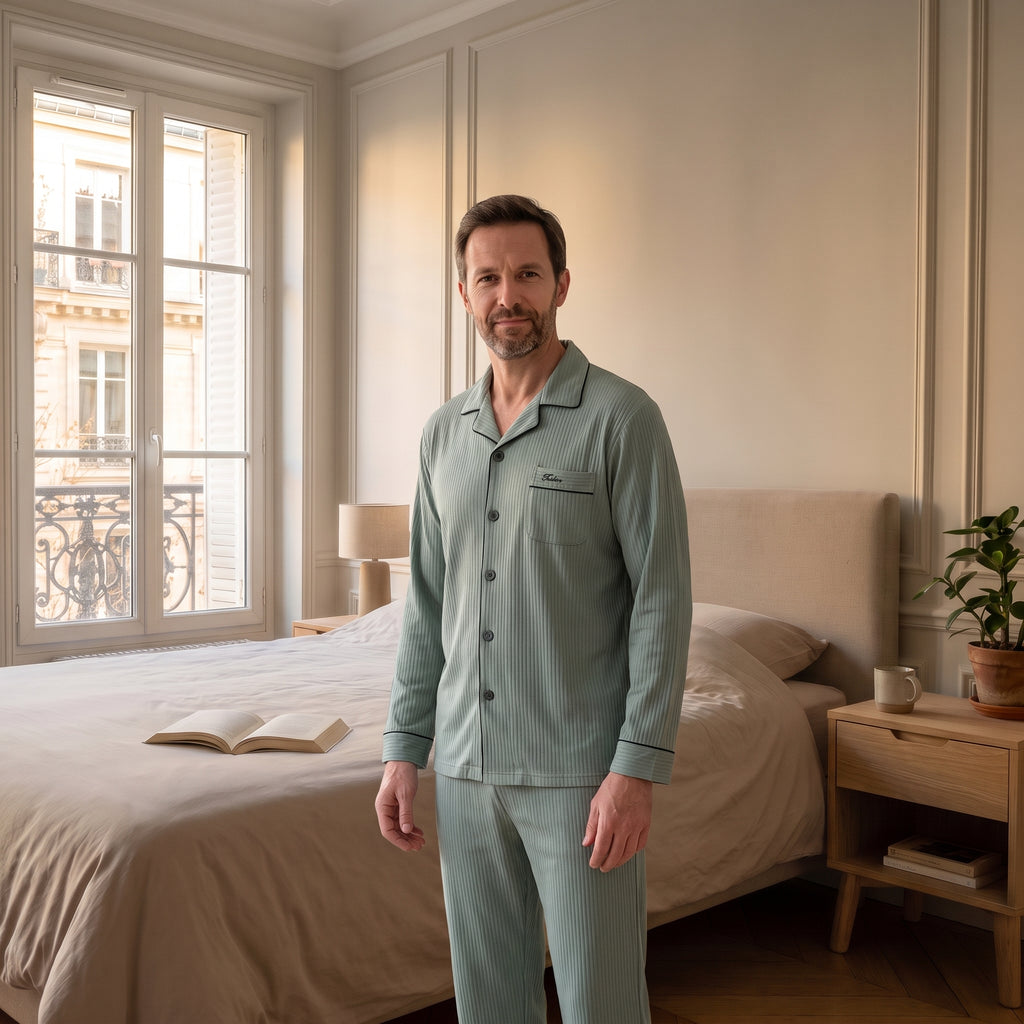 Pyjama homme rayé vert sauge porté par le mannequin homme Moment Cocooning