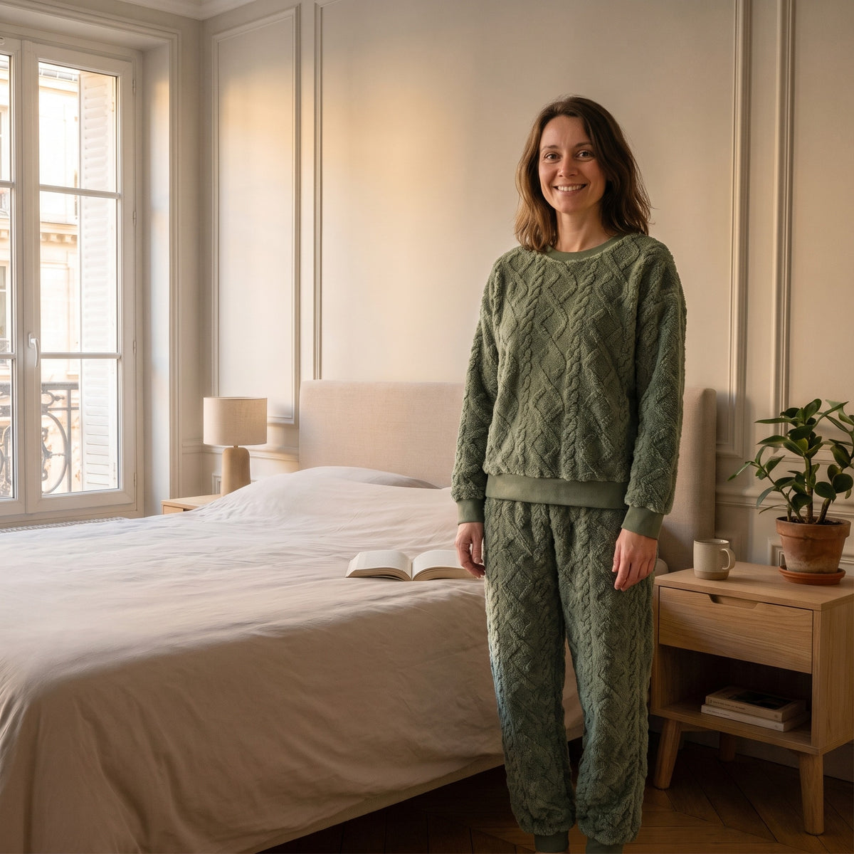 Femme portant l'ensemble pyjama vert en coton effet tricot, debout dans sa chambre
