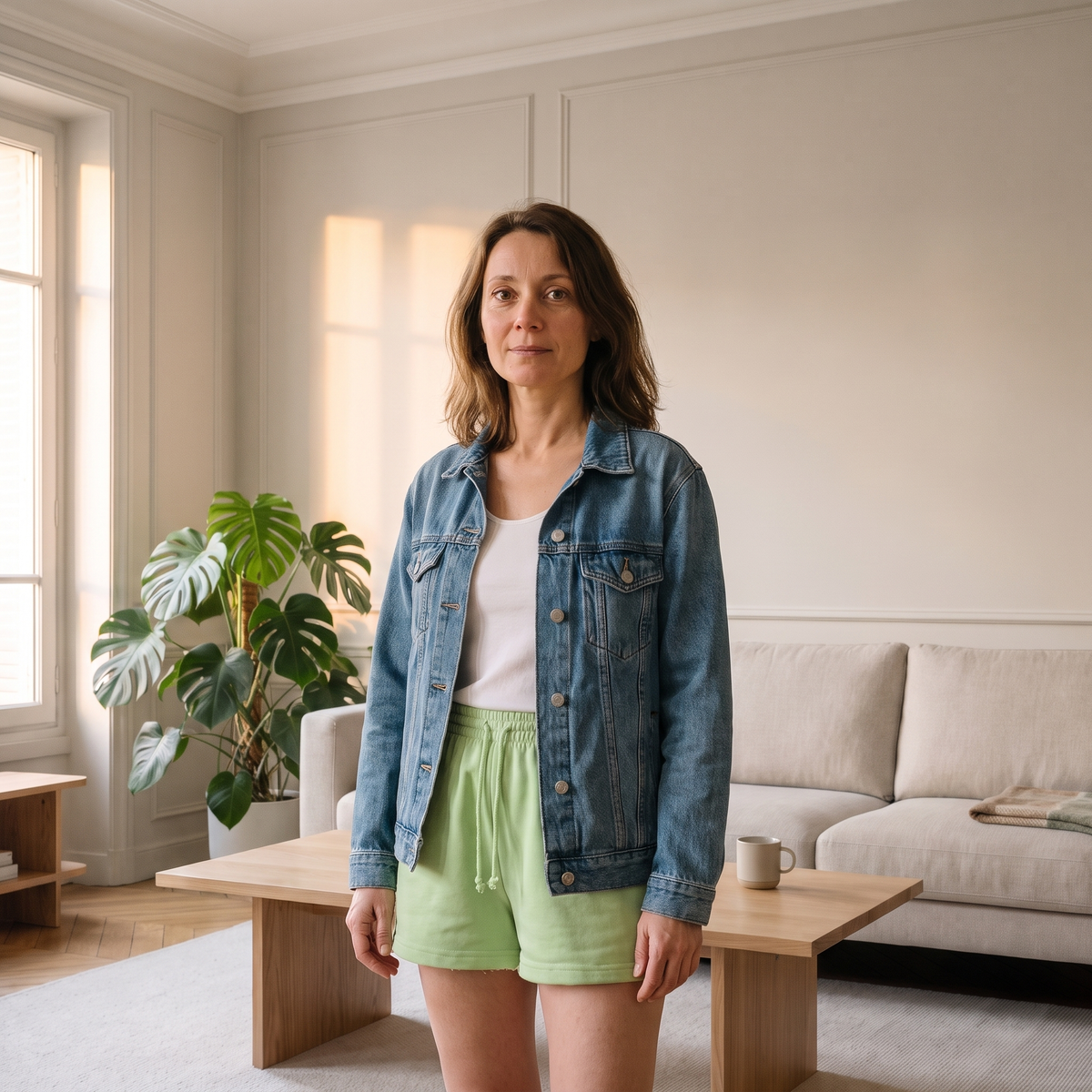 Visuel éditorial : Femme portant le short d’intérieur vert dans un salon lumineux. Image