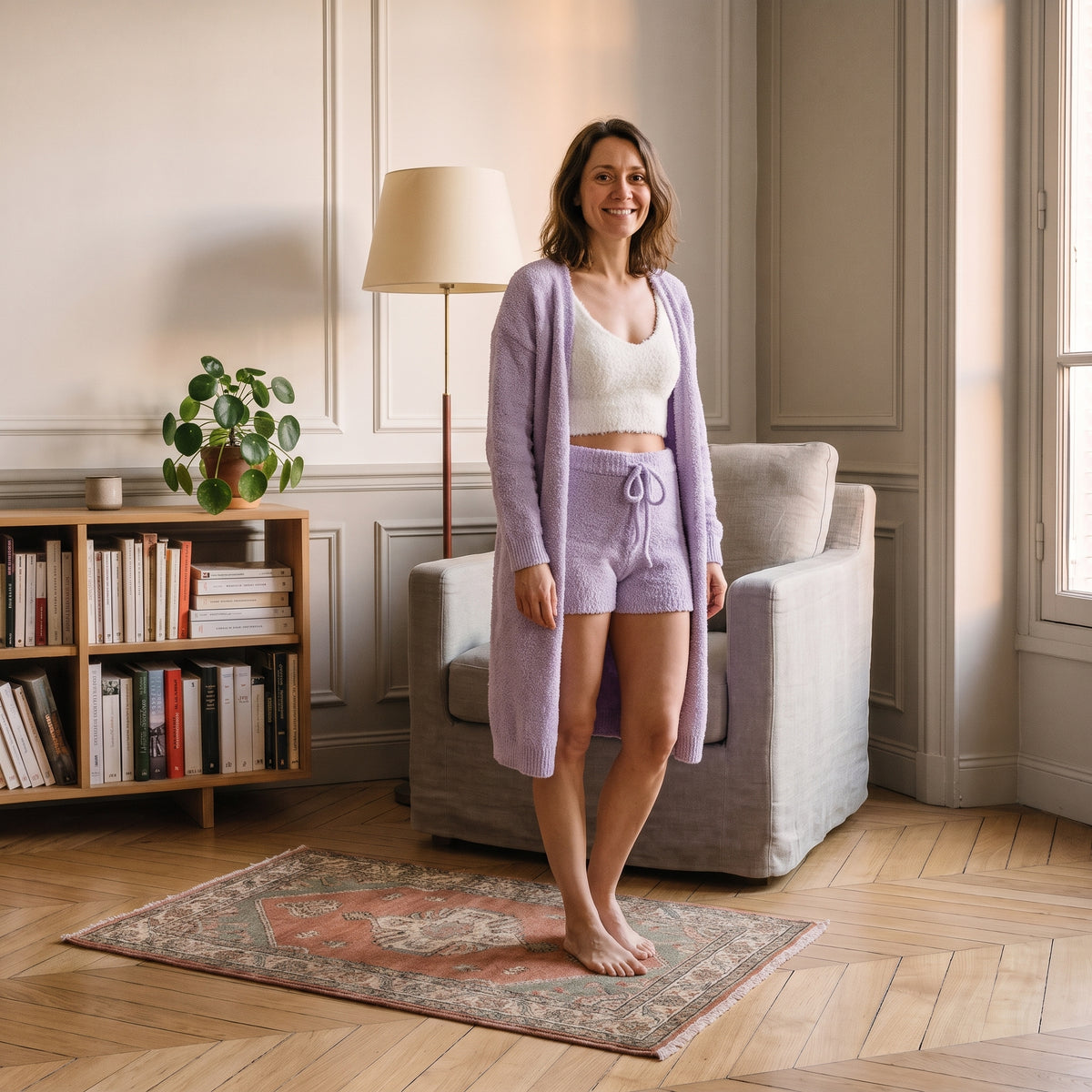 Ensemble trois pièces en maille bouclée violet pâle