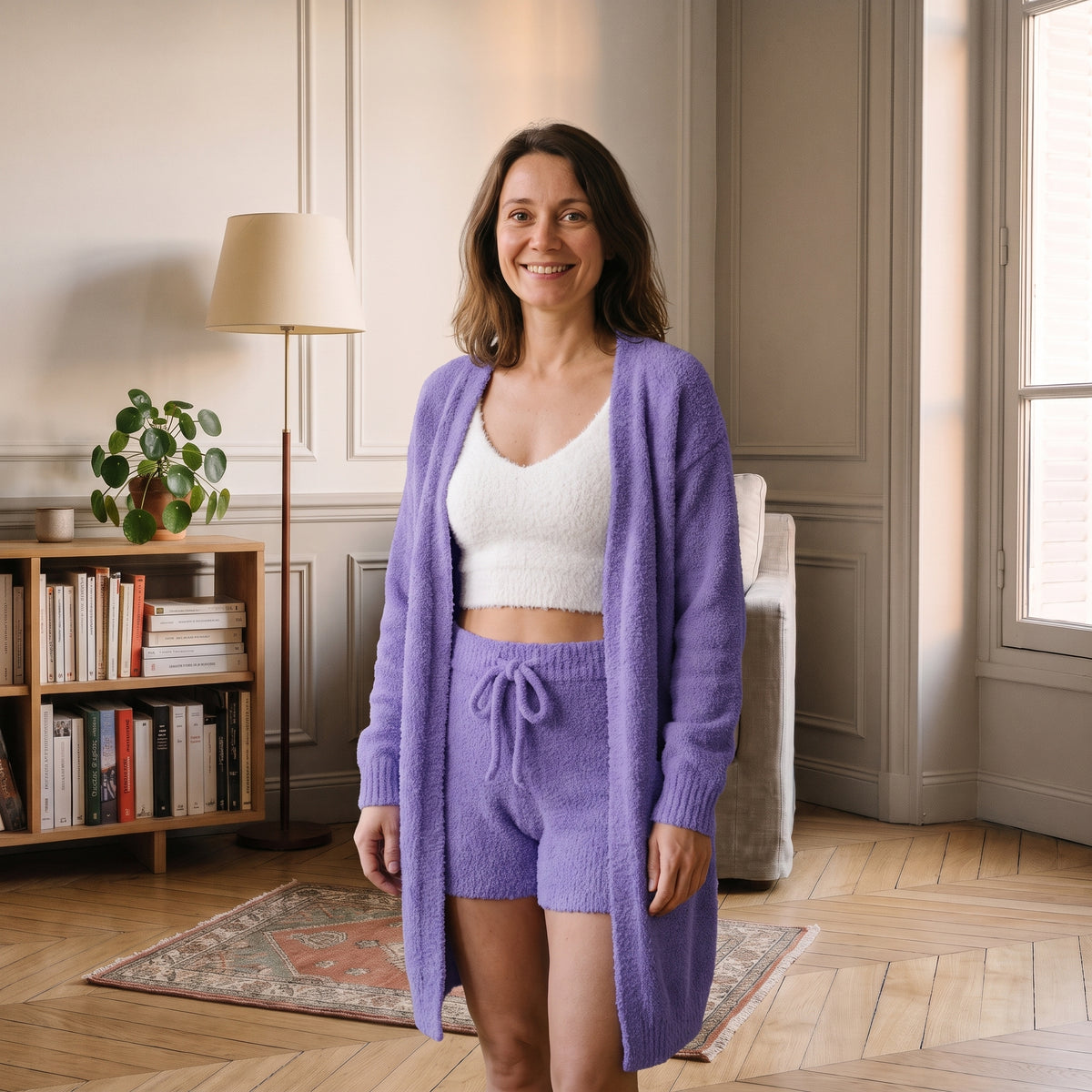 Ensemble trois pièces en maille bouclée violet, casting harmonisé