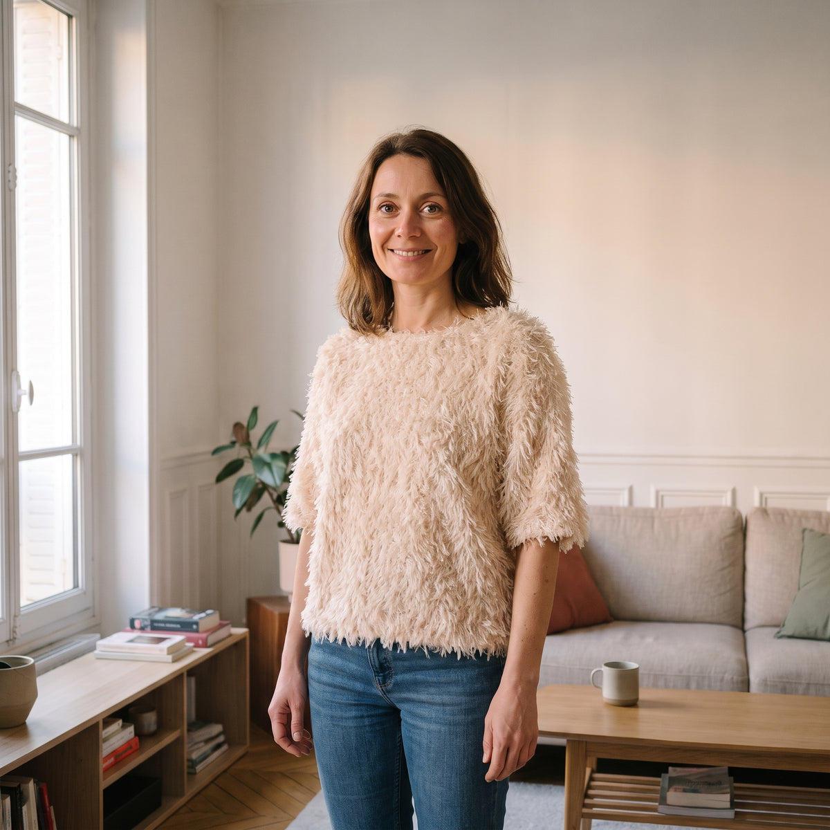 Pull en maille effet plumes beige porté dans un salon