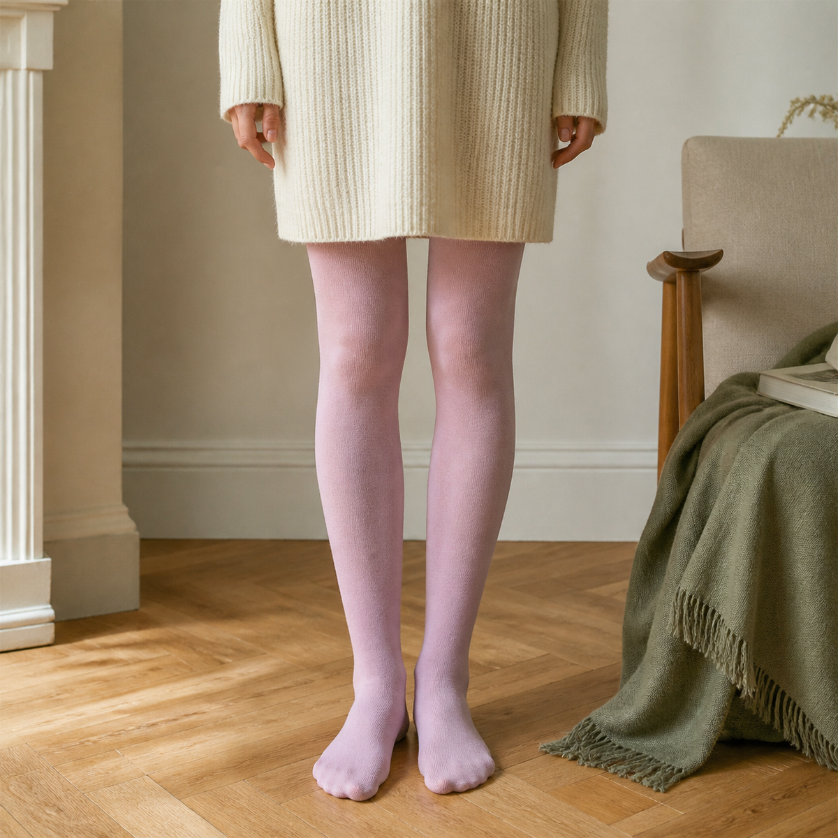 Chaussettes hautes roses portées au-dessus du genou dans un intérieur clair