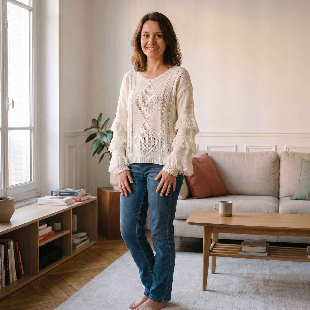 Pull écru à franges et col V, porté dans un salon