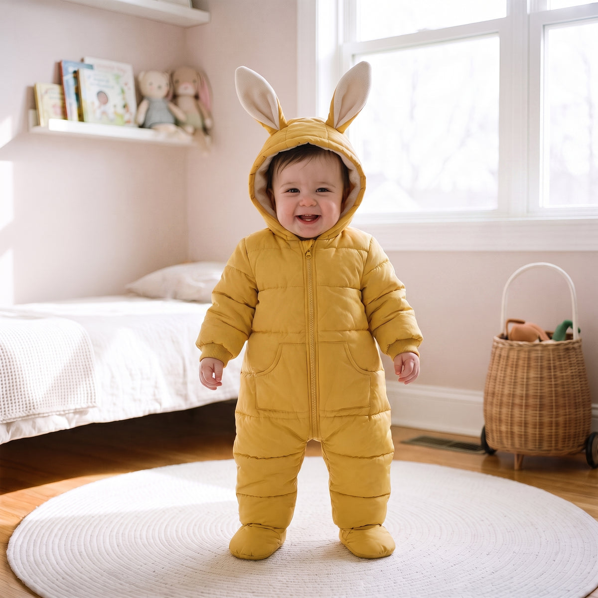 Bebe debout seul portant la combinaison doudoune jaune, capuche a oreilles relevee