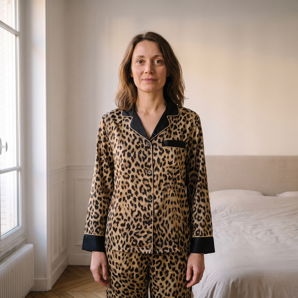 Femme portant le pyjama en satin léopard debout près de la fenêtre d’une chambre.