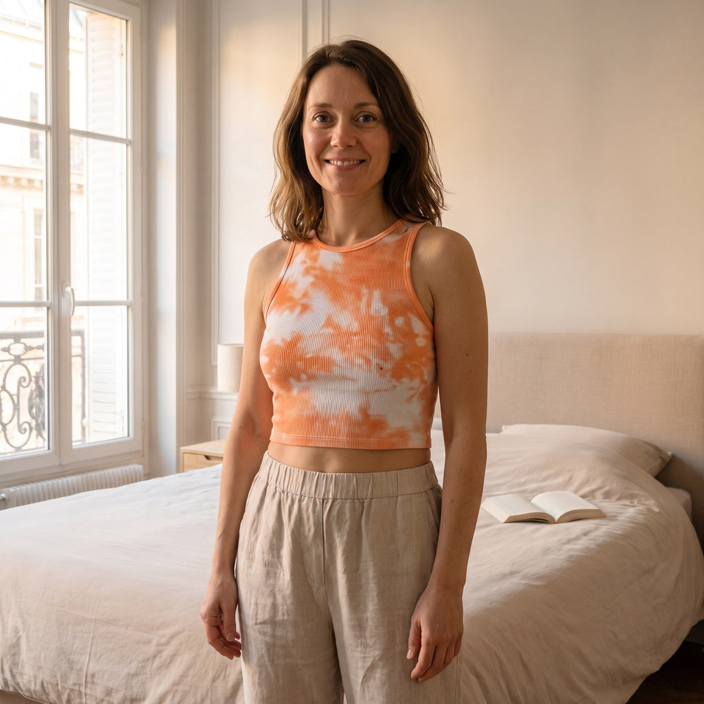 Débardeur crop top tie and dye femme, coloris orange, porté dans une chambre